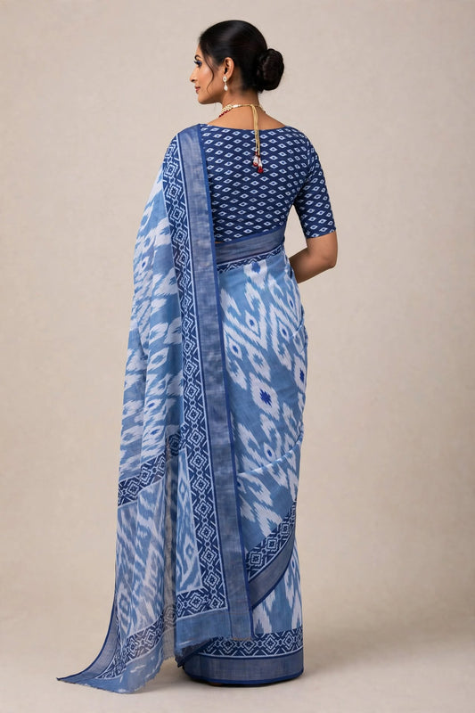 Steel Blue Linen Cotton Ikat Print Saree