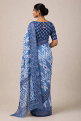 Steel Blue Linen Cotton Ikat Print Saree