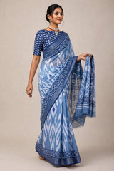 Steel Blue Linen Cotton Ikat Print Saree
