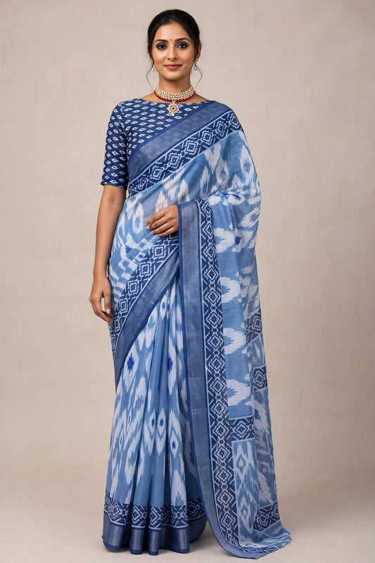 Steel Blue Linen Cotton Ikat Print Saree