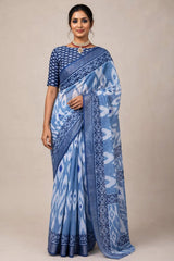 Steel Blue Linen Cotton Ikat Print Saree