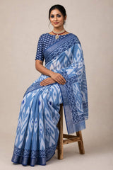 Steel Blue Linen Cotton Ikat Print Saree