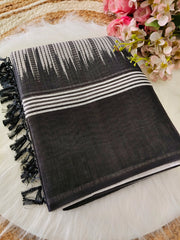 Women's Premium Pure Linen Cotton Saree | Traditional Handloom Style Ikkat Dotted Stripe Print Casual Sari with Solid Skirt Border & Unstitched Blouse Piece | Luxury Lightweight Summer & Office Wear (Off-White, Charcoal Black & Slate Grey)