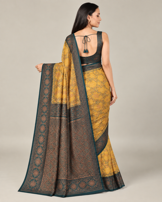 Mustard Teal Jacquard Silk Saree with Zari Border