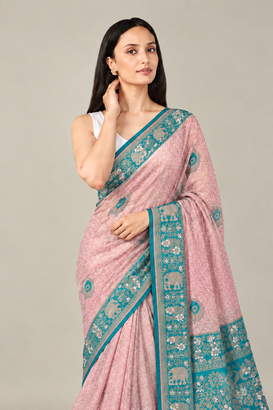 Pastel Pink Green Jacquard Silk Peacock Saree
