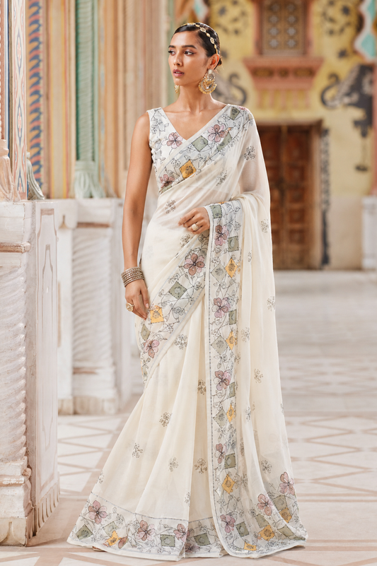 Pure Linen Cotton Floral Geometric Print Saree
