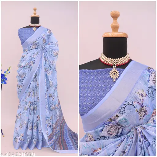 Pure Linen Cotton Floral Saree with Silver Metallic Border & Contrast Blouse – Periwinkle Blue & Lavender Rose