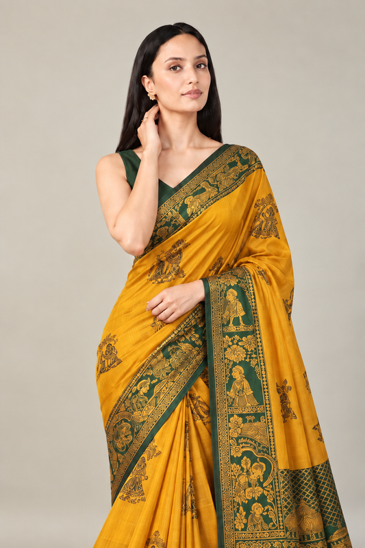 Mustard Green Jacquard Silk Elephant Motif Saree