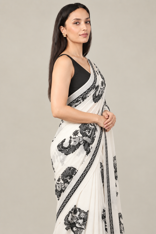 Pure Linen Cotton Madhubani Elephant Print Saree