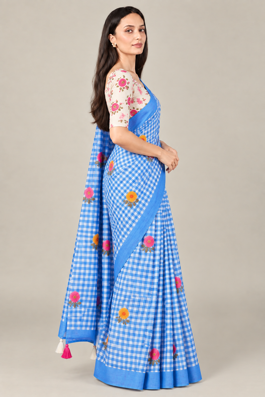 Indigo Check Cotton Saree – Floral Embroidery with Blouse Piece