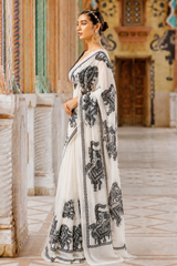 Pure Linen Cotton Madhubani Elephant Print Saree