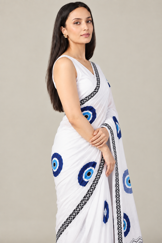 Pure Linen Cotton Evil Eye Print Saree with Pallu