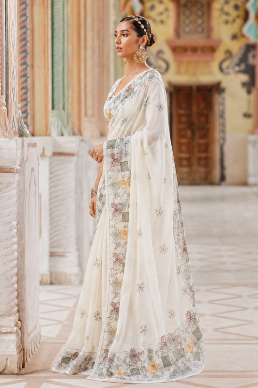Pure Linen Cotton Floral Geometric Print Saree