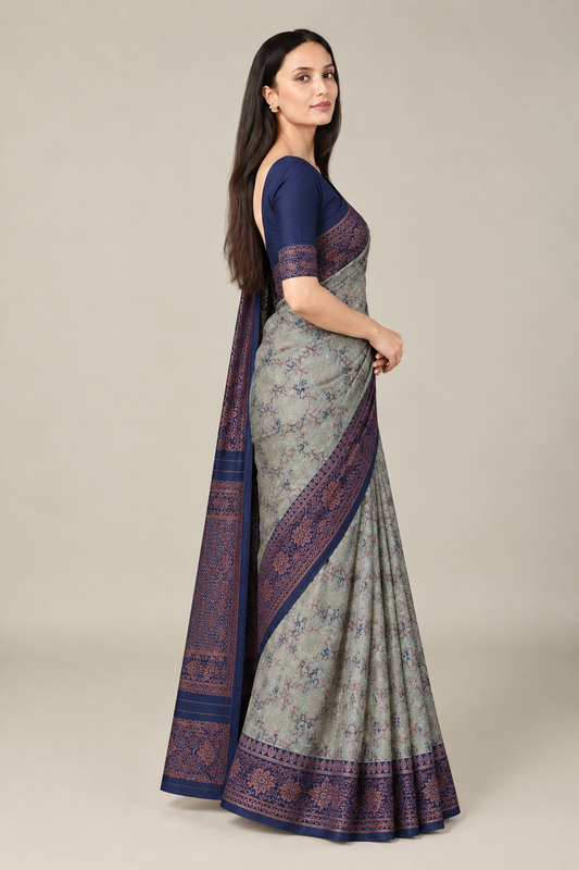 Sage Green Navy Jacquard Silk Saree with Zari Border