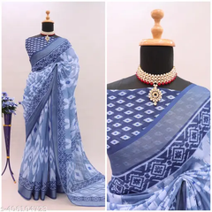 Pure Linen Cotton Ikat Print Saree with Deep Indigo Border & Geometric Blouse – Steel Blue & Navy