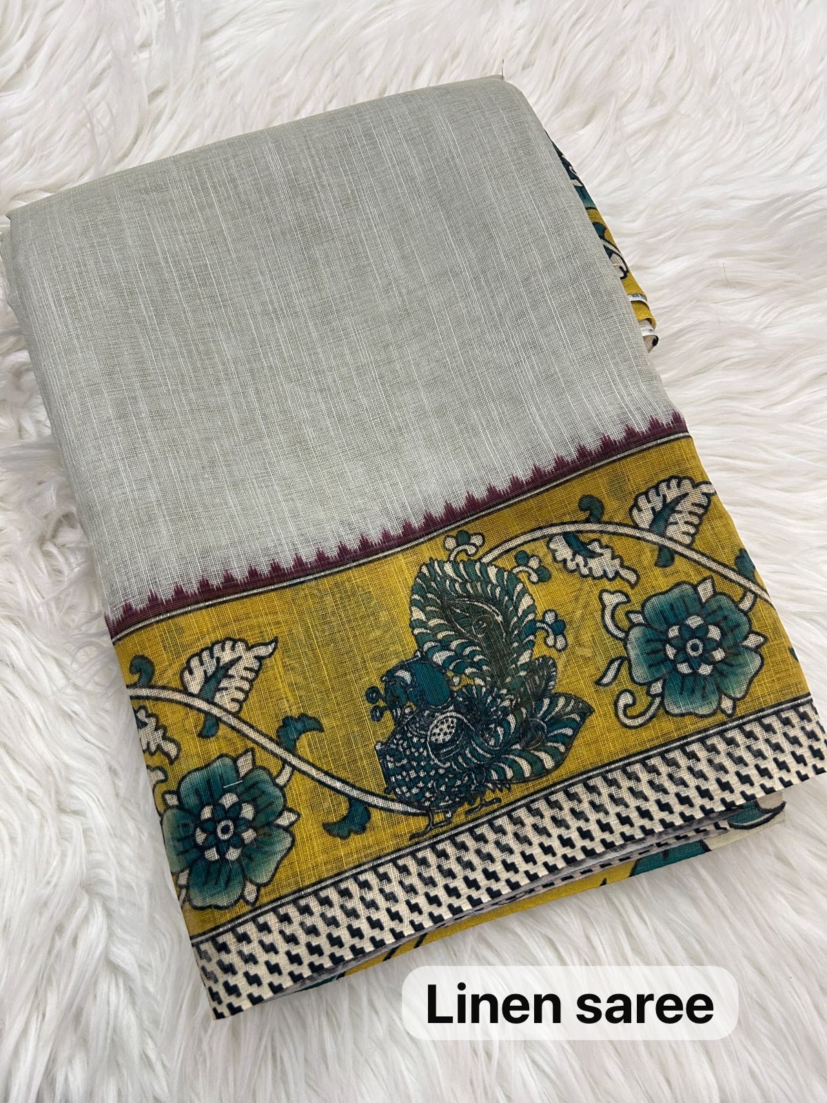 Women's Soft Linen Cotton Blend Saree | Traditional Hand-Block Kalamkari Printed Casual & Office Wear Sari with Unstitched Blouse Piece | Lightweight Daily Wear (Beige-Grey, Olive Green & Teal Blue)