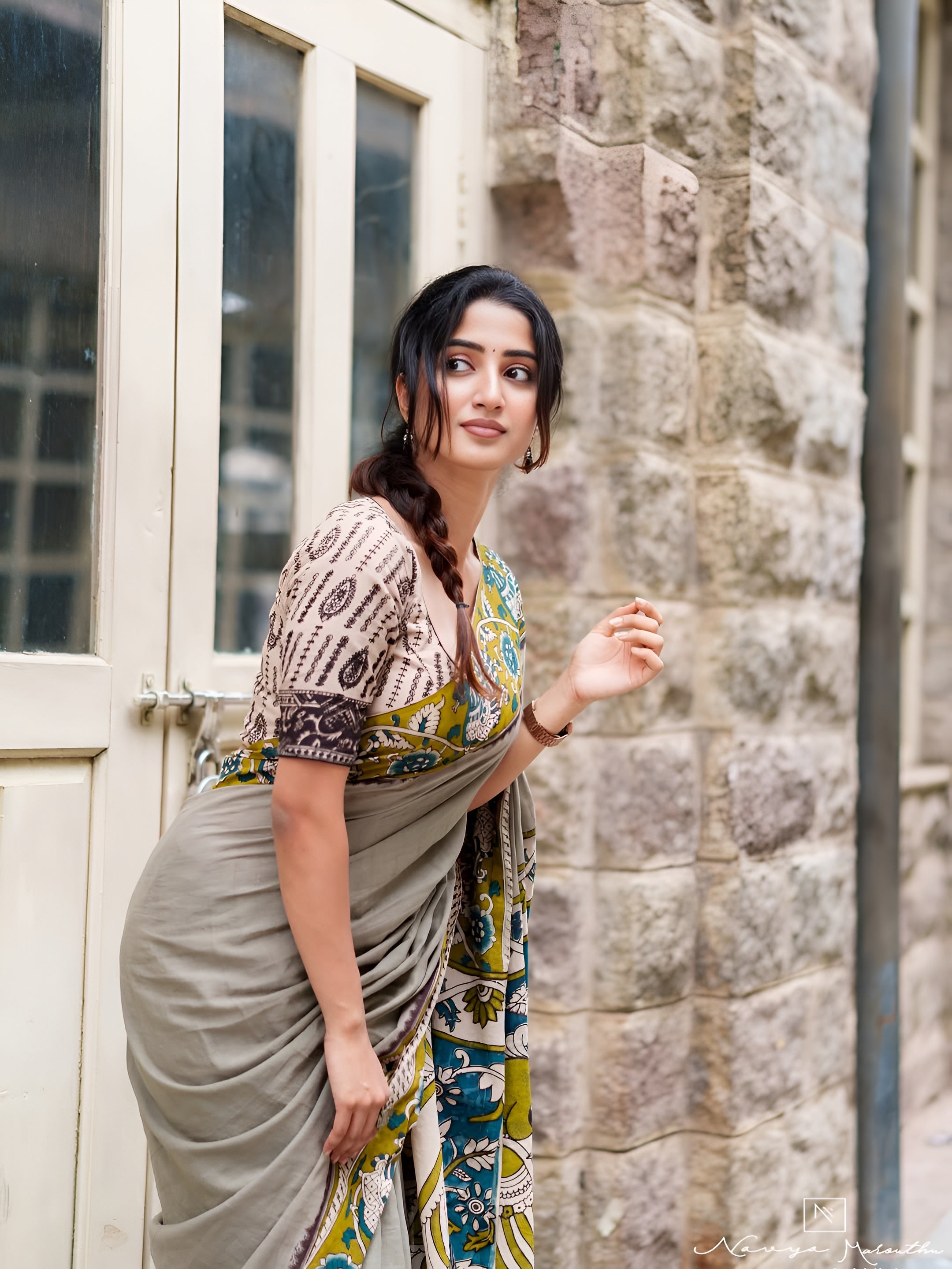 Women's Soft Linen Cotton Blend Saree | Traditional Hand-Block Kalamkari Printed Casual & Office Wear Sari with Unstitched Blouse Piece | Lightweight Daily Wear (Beige-Grey, Olive Green & Teal Blue)