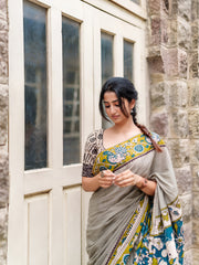 Women's Soft Linen Cotton Blend Saree | Traditional Hand-Block Kalamkari Printed Casual & Office Wear Sari with Unstitched Blouse Piece | Lightweight Daily Wear (Beige-Grey, Olive Green & Teal Blue)