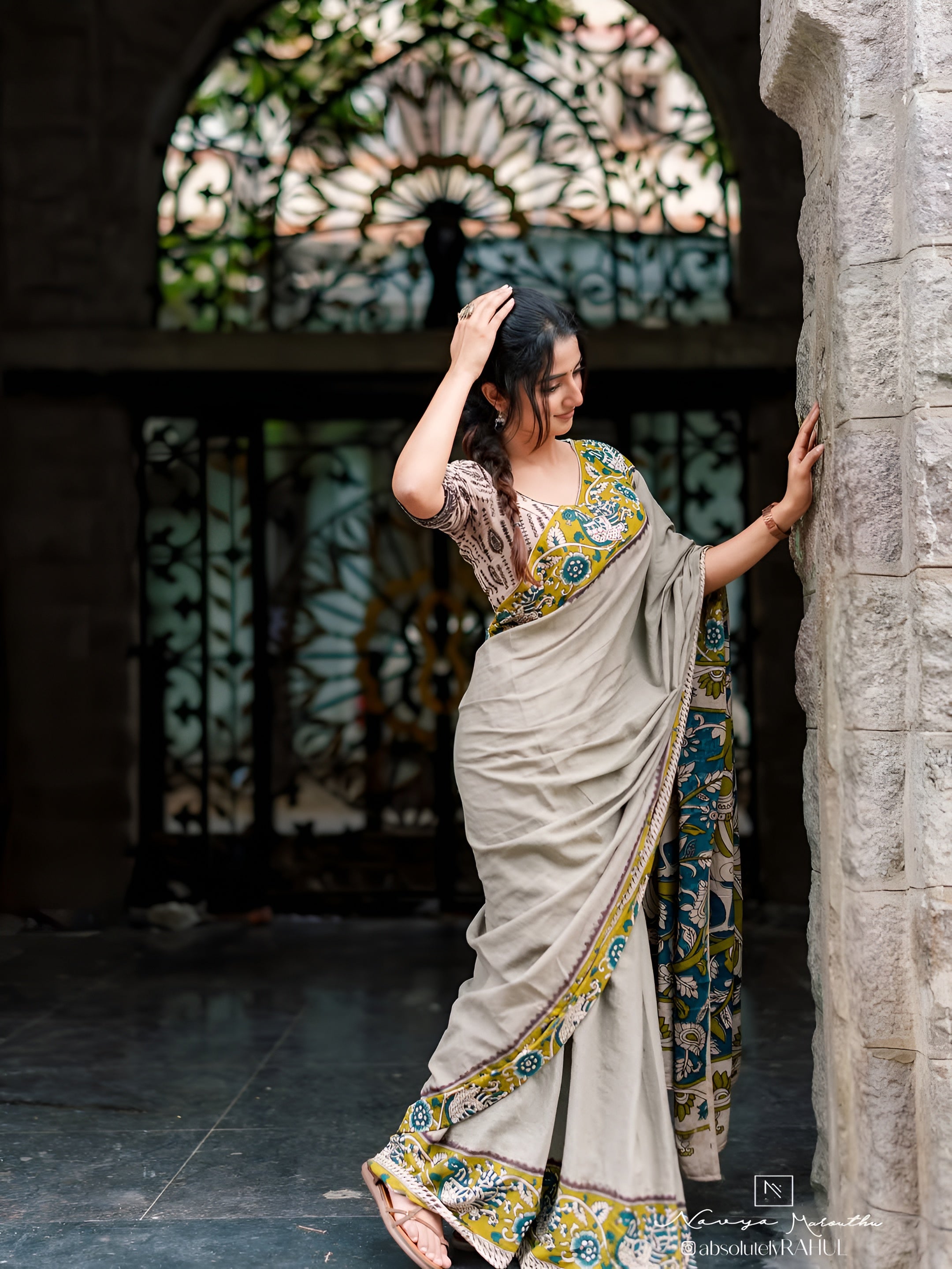 Women's Soft Linen Cotton Blend Saree | Traditional Hand-Block Kalamkari Printed Casual & Office Wear Sari with Unstitched Blouse Piece | Lightweight Daily Wear (Beige-Grey, Olive Green & Teal Blue)