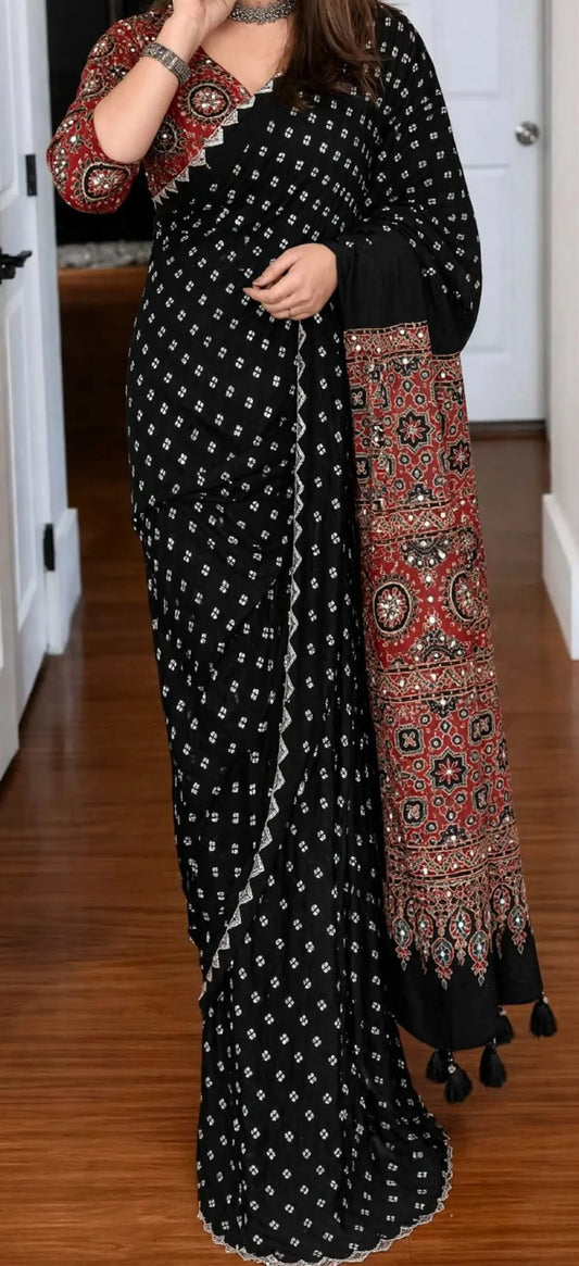 Ajarakh Real Mirror Saree & Designer Blouse | Party Wear Saree For Women | Mirror Work Saree
