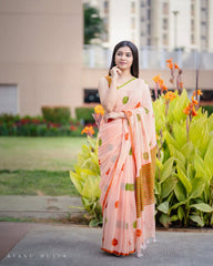 Women's Cotton Linen Blend Saree | Trendy Peach Floral Motif Print Casual Sari with Striped Pallu & Unstitched Blouse Piece | Lightweight Summer & Daily Wear (Light Peach, Orange & Olive Green)