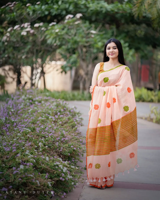Peach Floral Cotton Linen Saree