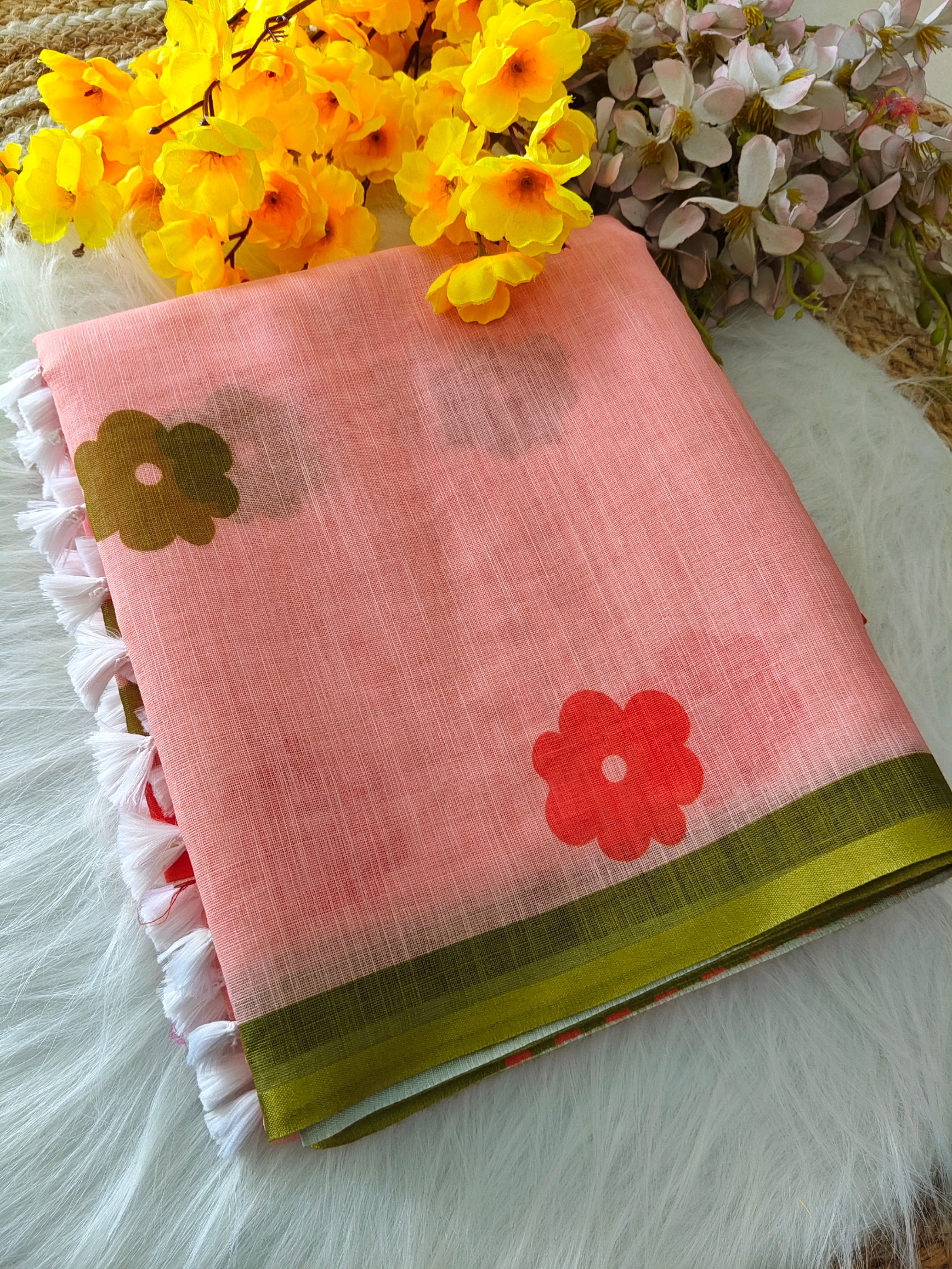 Women's Cotton Linen Blend Saree | Trendy Peach Floral Motif Print Casual Sari with Striped Pallu & Unstitched Blouse Piece | Lightweight Summer & Daily Wear (Light Peach, Orange & Olive Green)