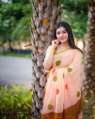 Peach Floral Cotton Linen Saree