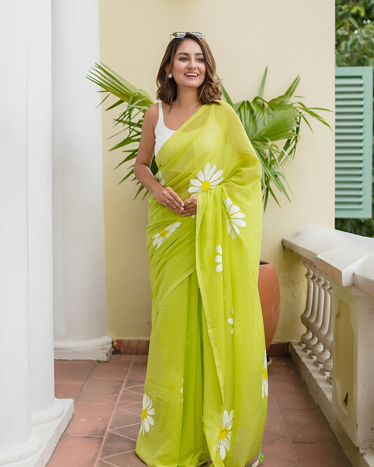 Women's Premium Linen Blend Saree | Elegant Lime Green Floral Daisy Hand-Painted Style Casual & Festive Sari with Unstitched Blouse Piece | Lightweight Party Wear (Chartreuse / Light Green)