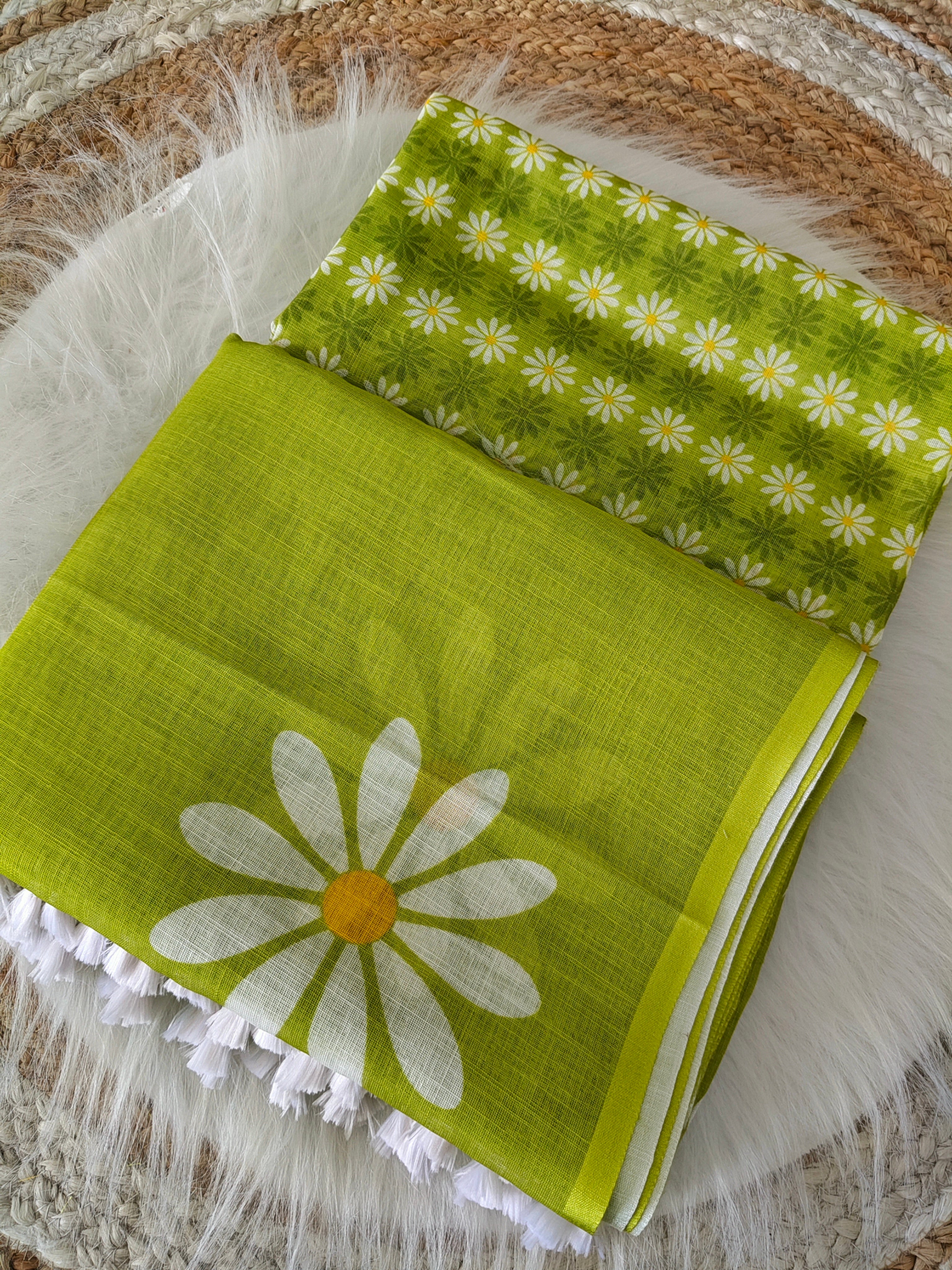 Women's Premium Linen Blend Saree | Elegant Lime Green Floral Daisy Hand-Painted Style Casual & Festive Sari with Unstitched Blouse Piece | Lightweight Party Wear (Chartreuse / Light Green)