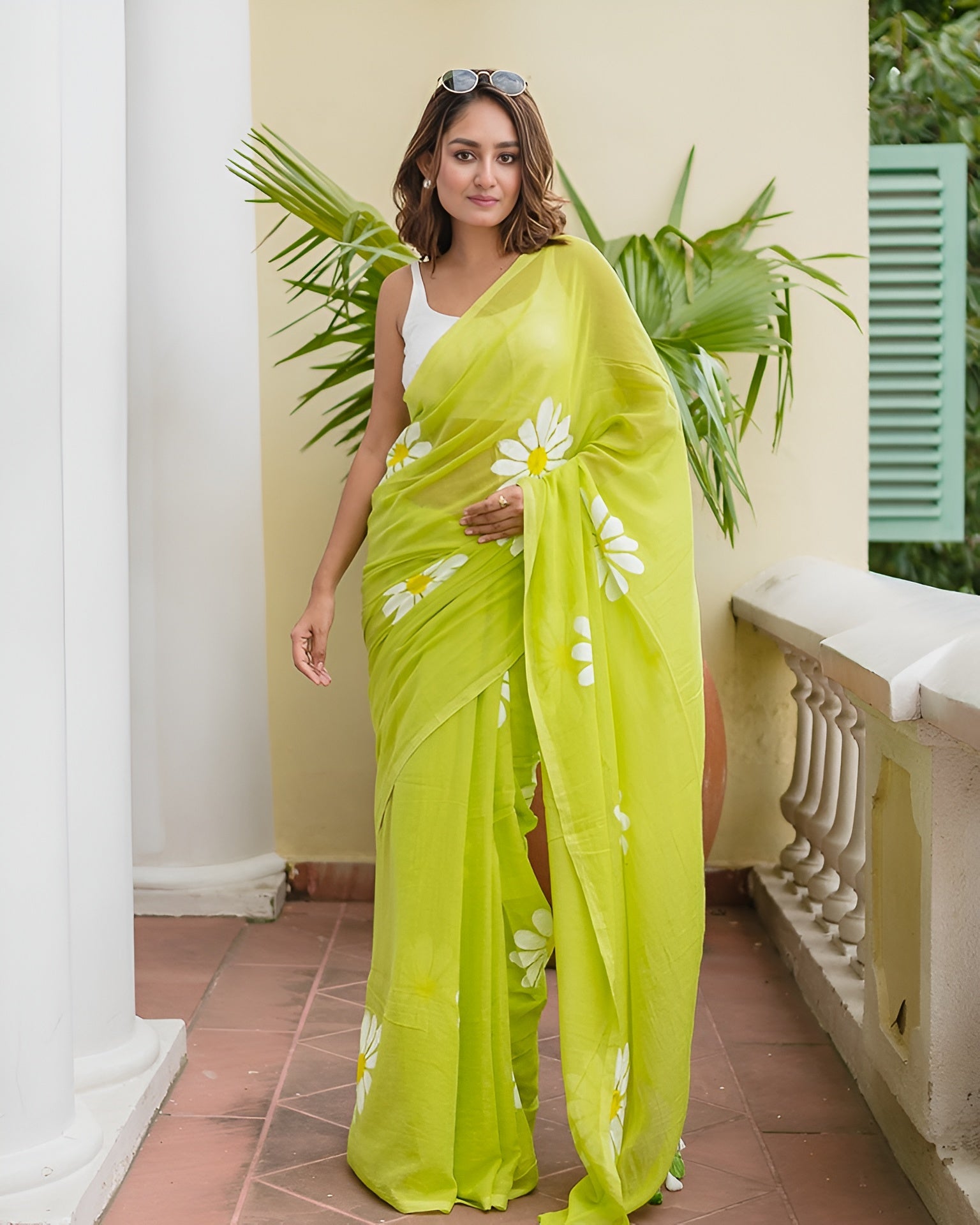 Women's Premium Linen Blend Saree | Elegant Lime Green Floral Daisy Hand-Painted Style Casual & Festive Sari with Unstitched Blouse Piece | Lightweight Party Wear (Chartreuse / Light Green)