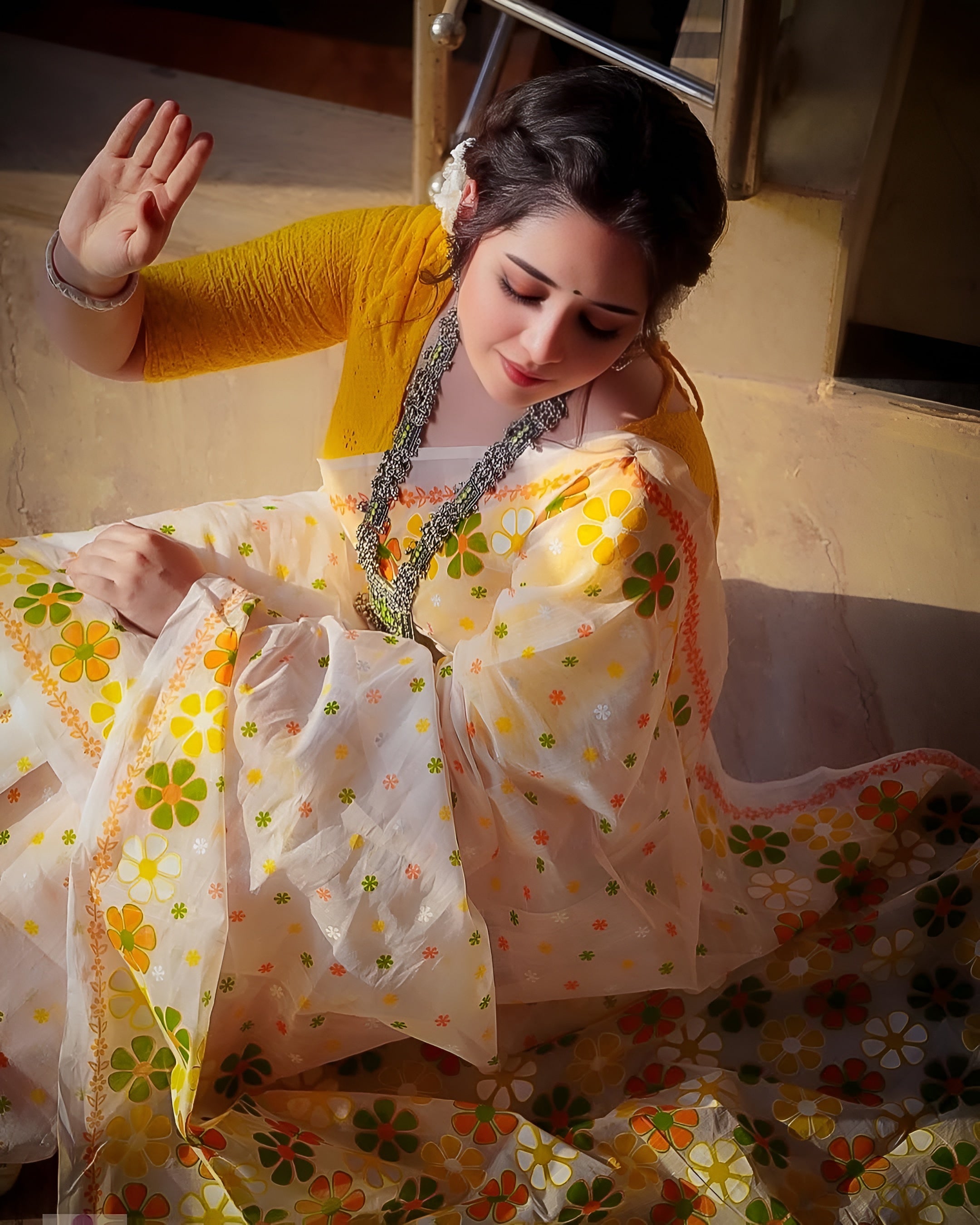 Women's Premium Organza Blend Saree | Elegant Traditional Jamdani Style Floral Print Casual & Festive Sari with Unstitched Blouse Piece | Lightweight Party Wear (White & Yellow-Orange)