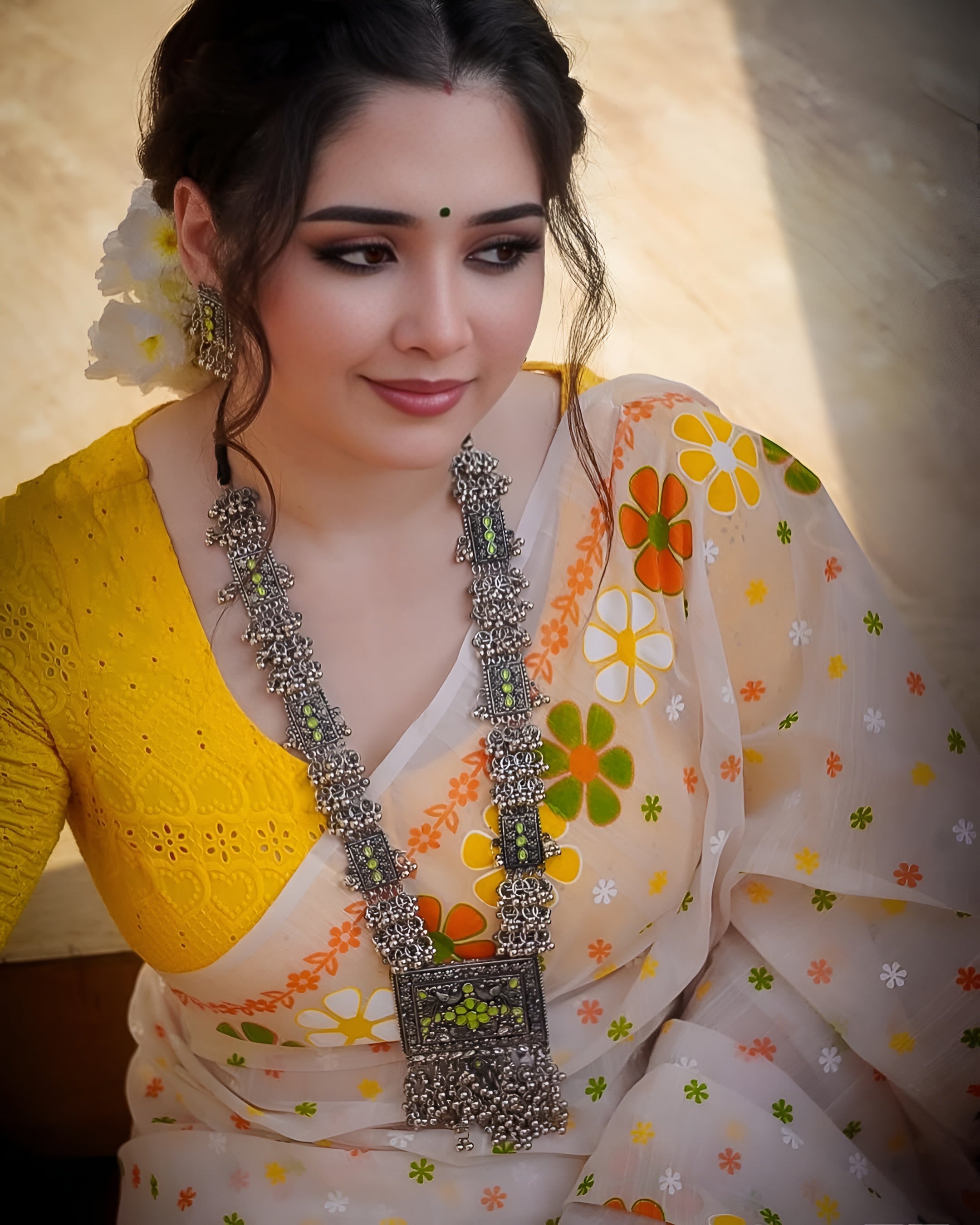 Women's Premium Organza Blend Saree | Elegant Traditional Jamdani Style Floral Print Casual & Festive Sari with Unstitched Blouse Piece | Lightweight Party Wear (White & Yellow-Orange)