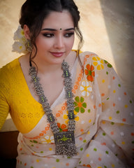 Women's Premium Organza Blend Saree | Elegant Traditional Jamdani Style Floral Print Casual & Festive Sari with Unstitched Blouse Piece | Lightweight Party Wear (White & Yellow-Orange)