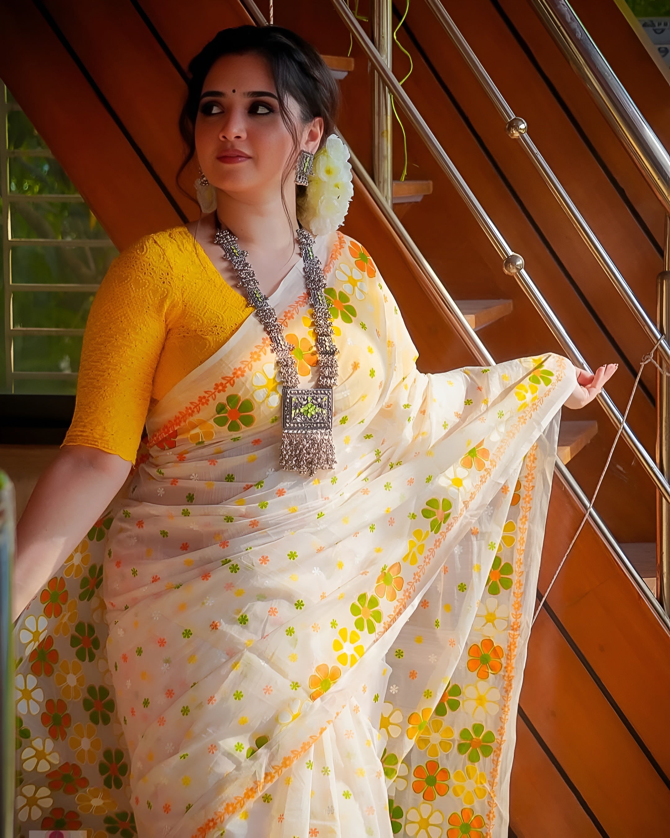 Women's Premium Organza Blend Saree | Elegant Traditional Jamdani Style Floral Print Casual & Festive Sari with Unstitched Blouse Piece | Lightweight Party Wear (White & Yellow-Orange)