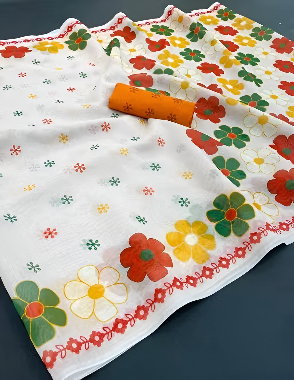 Women's Premium Organza Blend Saree | Elegant Traditional Jamdani Style Floral Print Casual & Festive Sari with Unstitched Blouse Piece | Lightweight Party Wear (White & Yellow-Orange)