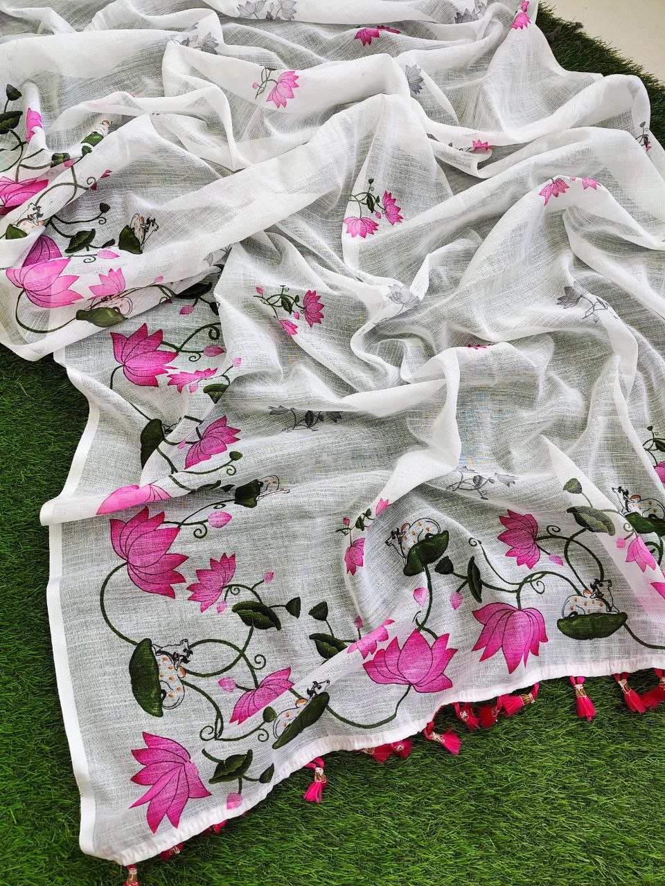 Women's Premium Pure Linen Cotton Saree | Elegant Lotus Floral Vine Printed Casual & Festive Sari with Matching Unstitched Blouse Piece | Luxury Lightweight Summer Wear (Pristine White & Rose Pink)