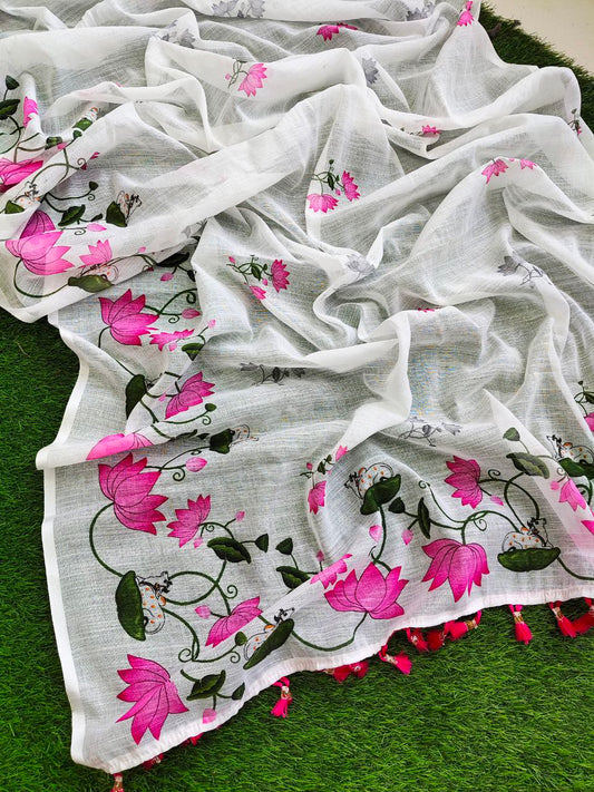 Pure Linen Cotton Lotus Floral Print Saree