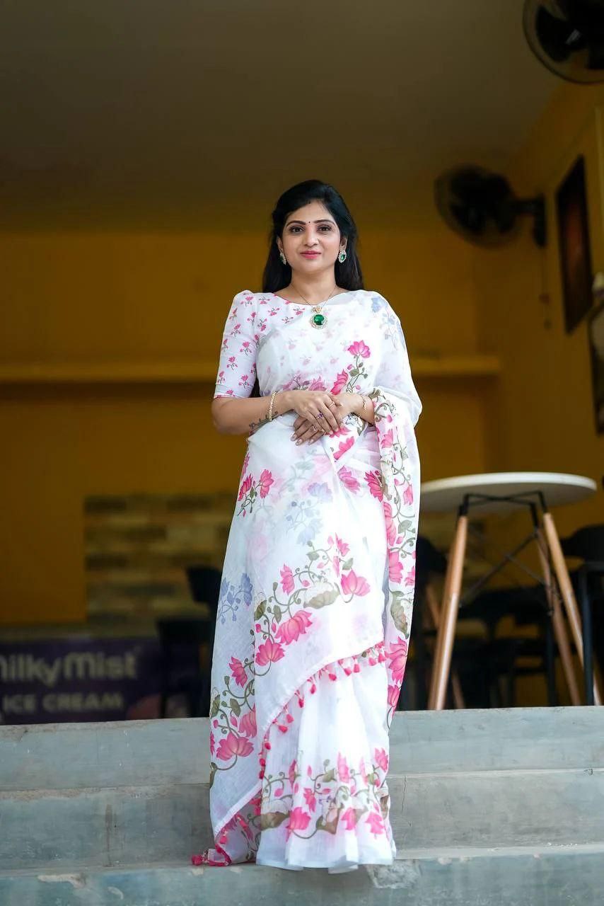 Women's Premium Pure Linen Cotton Saree | Elegant Lotus Floral Vine Printed Casual & Festive Sari with Matching Unstitched Blouse Piece | Luxury Lightweight Summer Wear (Pristine White & Rose Pink)