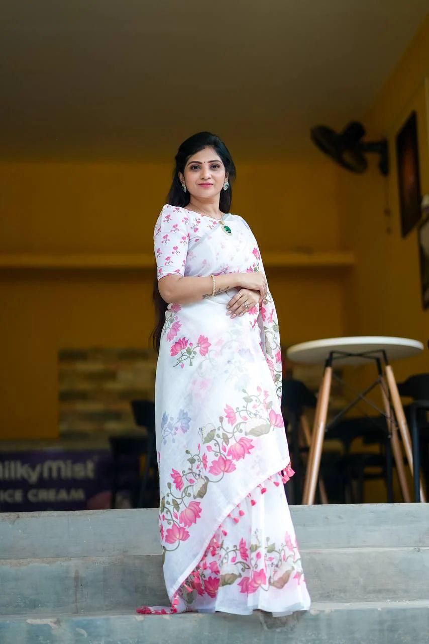 Women's Premium Pure Linen Cotton Saree | Elegant Lotus Floral Vine Printed Casual & Festive Sari with Matching Unstitched Blouse Piece | Luxury Lightweight Summer Wear (Pristine White & Rose Pink)