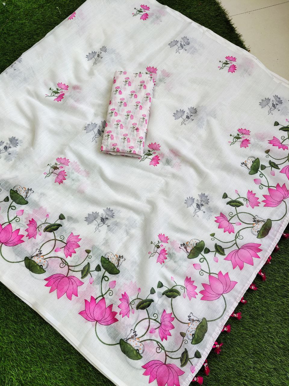 Women's Premium Pure Linen Cotton Saree | Elegant Lotus Floral Vine Printed Casual & Festive Sari with Matching Unstitched Blouse Piece | Luxury Lightweight Summer Wear (Pristine White & Rose Pink)
