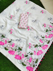 Pure Linen Cotton Lotus Floral Print Saree