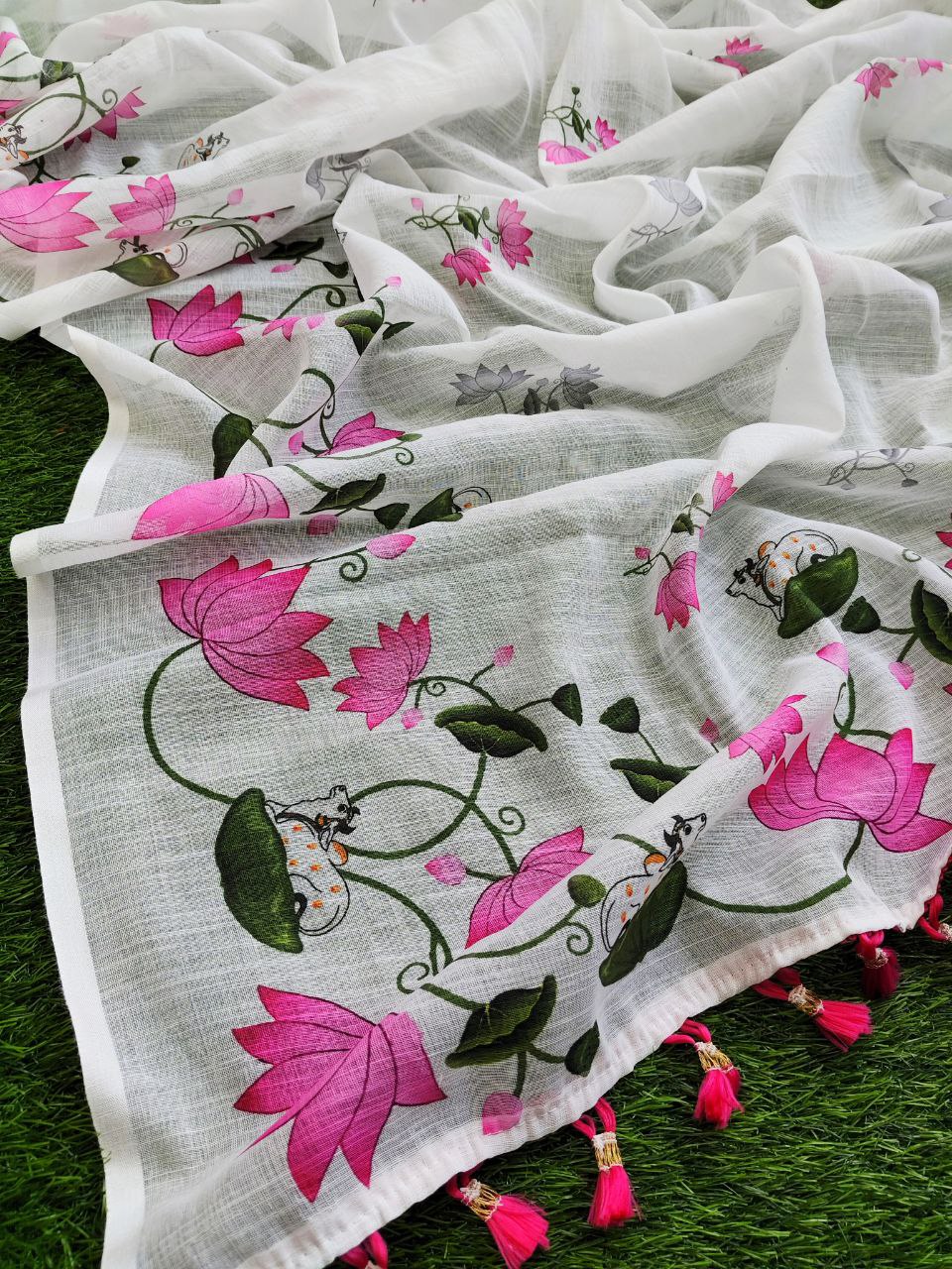 Women's Premium Pure Linen Cotton Saree | Elegant Lotus Floral Vine Printed Casual & Festive Sari with Matching Unstitched Blouse Piece | Luxury Lightweight Summer Wear (Pristine White & Rose Pink)