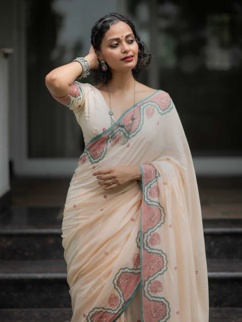 Women's Premium Linen Cotton Blend Saree | Elegant Cream Cream-White Traditional Block Border Printed Casual Sari with Unstitched Blouse Piece | Lightweight Daily Wear (Cream, Sea Green & Rose-Pink)