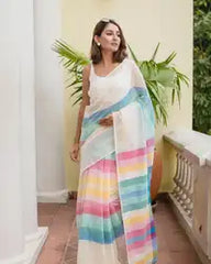 Luxury Linen Saree for Women  Multi Colour Print