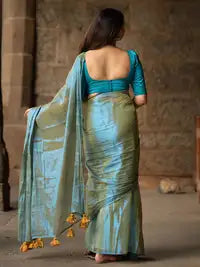Sea Green & Aqua Blue Tissue Silk Saree with Running Blouse