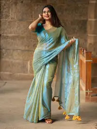 Sea Green & Aqua Blue Tissue Silk Saree with Running Blouse